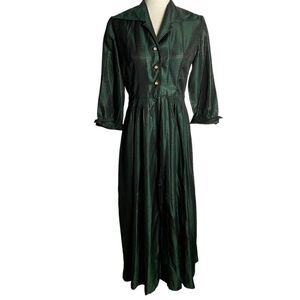 Vintage 50s Polka Dot Jacquard Shirt Dress S Green 3/4 Sleeve Rhinestone Buttons